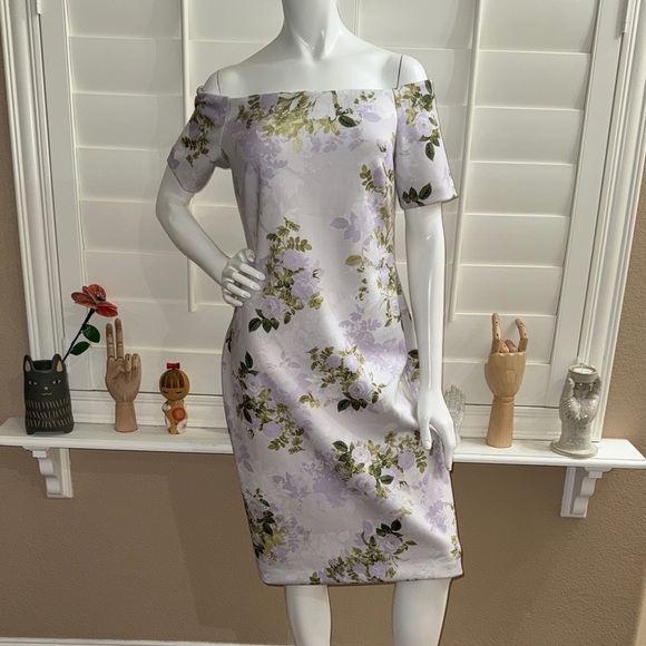 Calvin Klein Off-The-Shoulder Scuba Dress Floral Opal Lilac - Picture 1 of 11